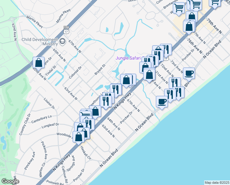 map of restaurants, bars, coffee shops, grocery stores, and more near 6708 Geletto Court in Myrtle Beach