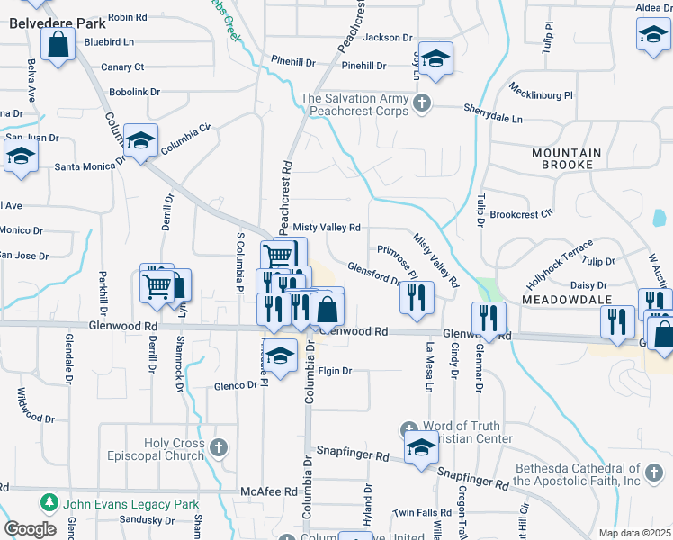 map of restaurants, bars, coffee shops, grocery stores, and more near 3415 Glensford Drive in Decatur