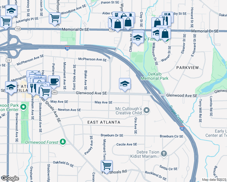 map of restaurants, bars, coffee shops, grocery stores, and more near 1634 Glenwood Avenue Southeast in Atlanta