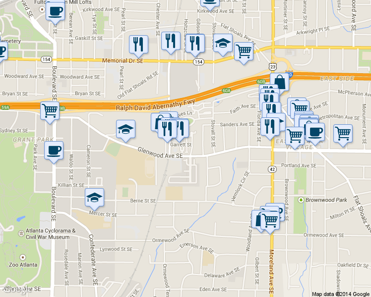 map of restaurants, bars, coffee shops, grocery stores, and more near 480 Bartram Street Southeast in Atlanta