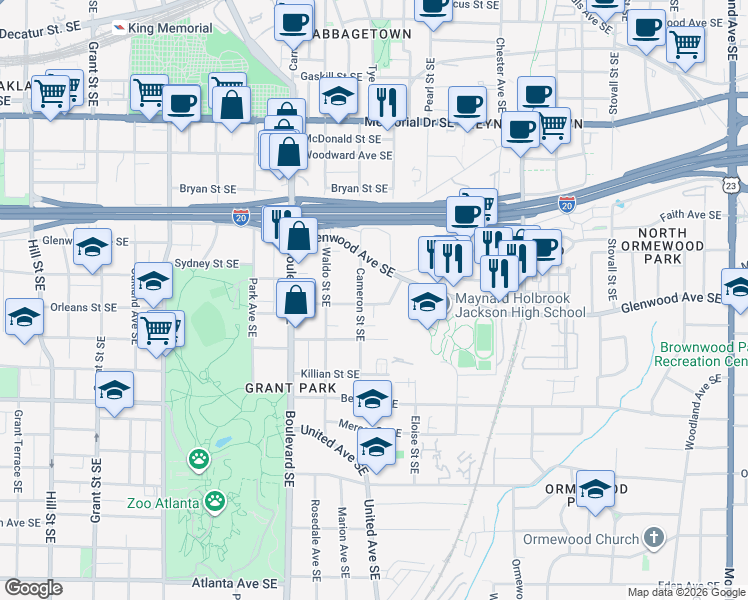 map of restaurants, bars, coffee shops, grocery stores, and more near 709 Glenwood Avenue Southeast in Atlanta