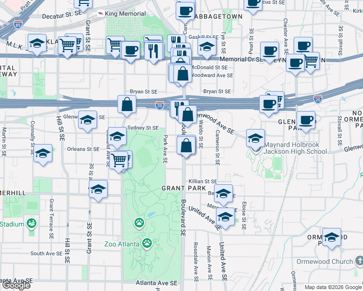 map of restaurants, bars, coffee shops, grocery stores, and more near 565 Sydney Street Southeast in Atlanta