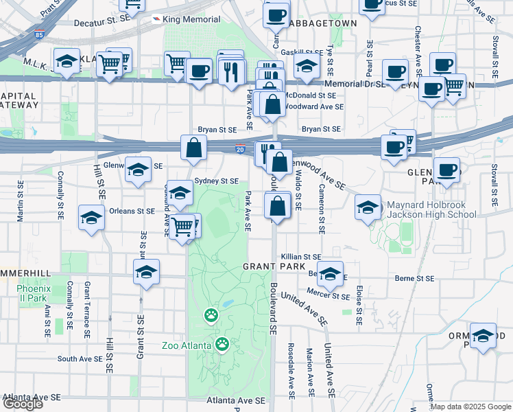 map of restaurants, bars, coffee shops, grocery stores, and more near 520 Park Avenue Southeast in Atlanta