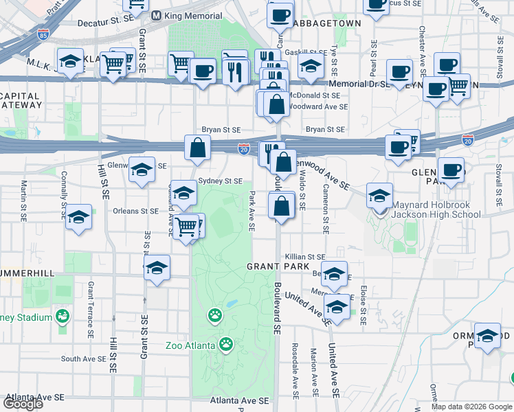 map of restaurants, bars, coffee shops, grocery stores, and more near 565 Sydney Street Southeast in Atlanta