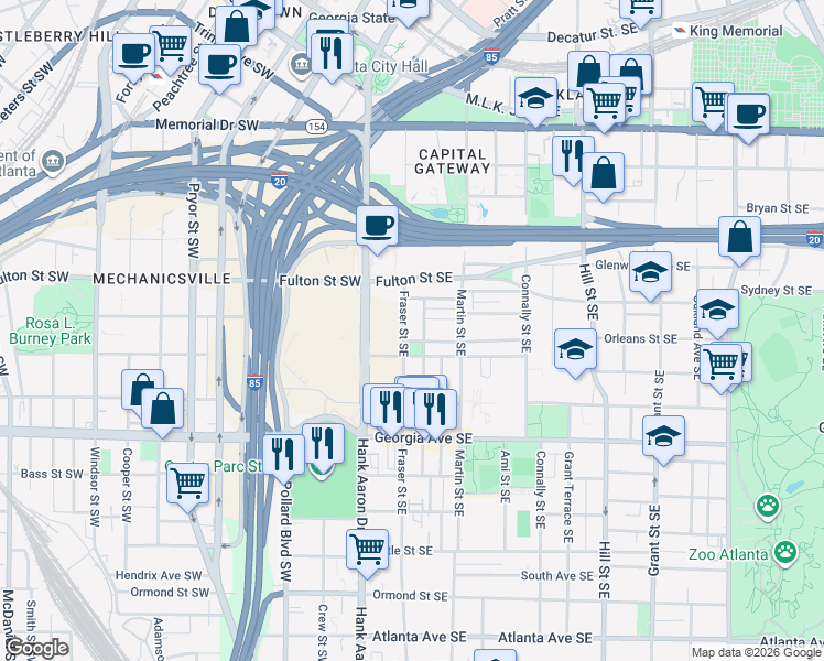 map of restaurants, bars, coffee shops, grocery stores, and more near 489 Reed Street Southeast in Atlanta