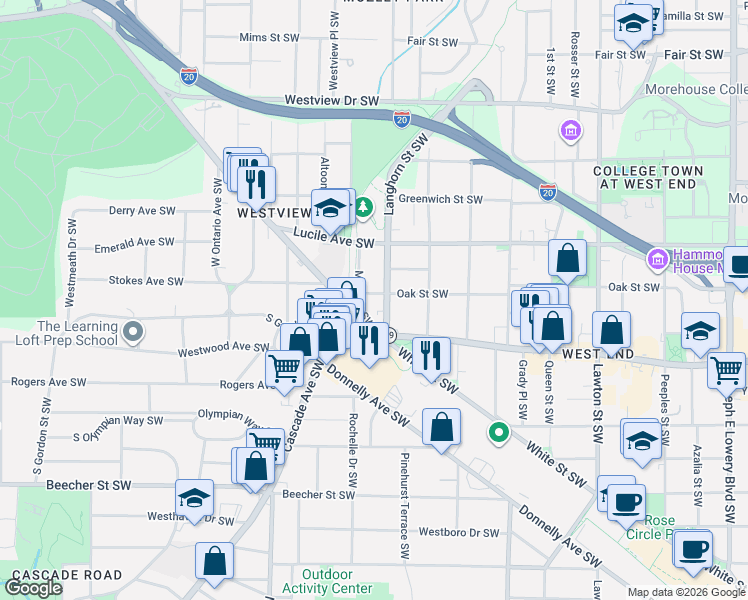 map of restaurants, bars, coffee shops, grocery stores, and more near 520 Muse Street Southwest in Atlanta