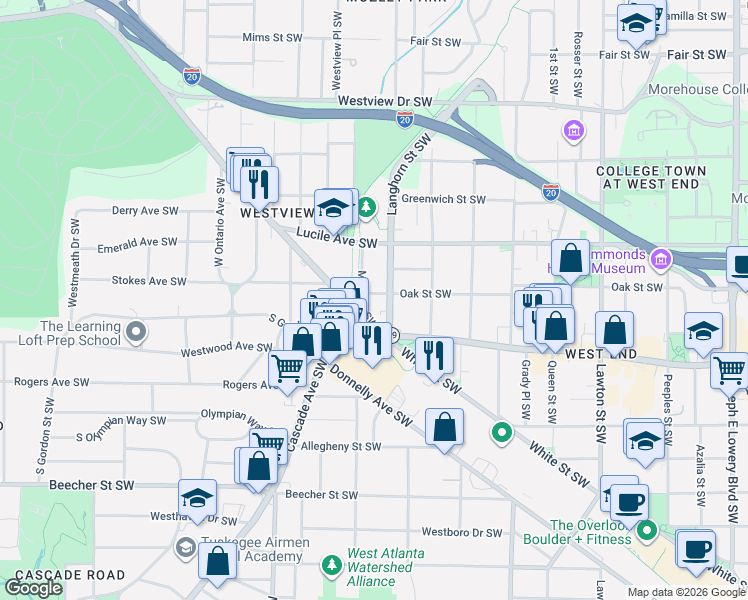 map of restaurants, bars, coffee shops, grocery stores, and more near 520 Muse Street Southwest in Atlanta
