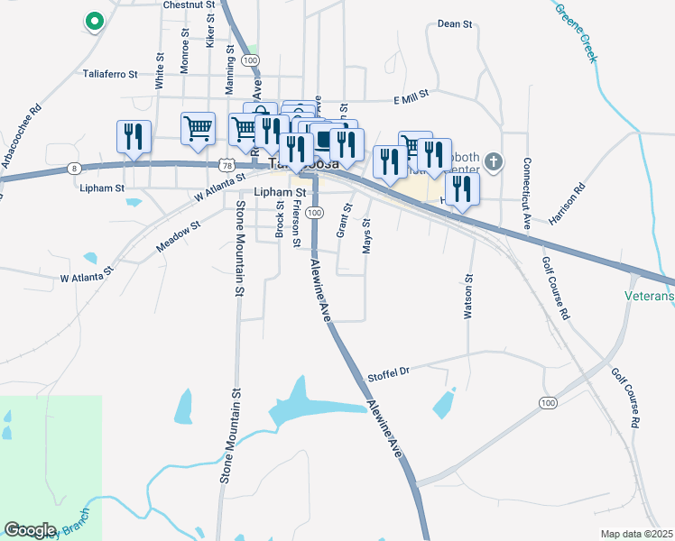map of restaurants, bars, coffee shops, grocery stores, and more near 3339 Georgia 100 in Tallapoosa