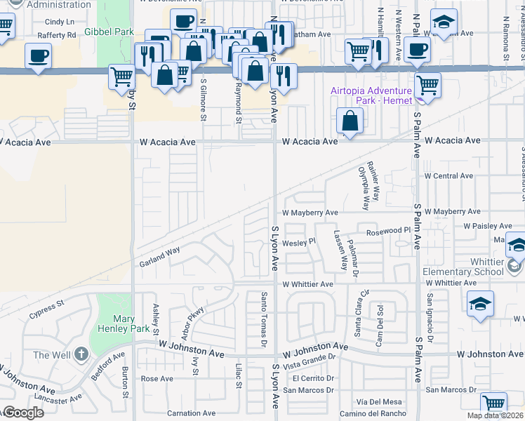 map of restaurants, bars, coffee shops, grocery stores, and more near 575 South Lyon Avenue in Hemet