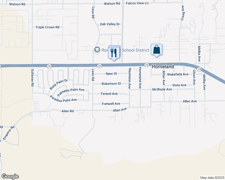 map of restaurants, bars, coffee shops, grocery stores, and more near 31135 Robertson Street in Homeland
