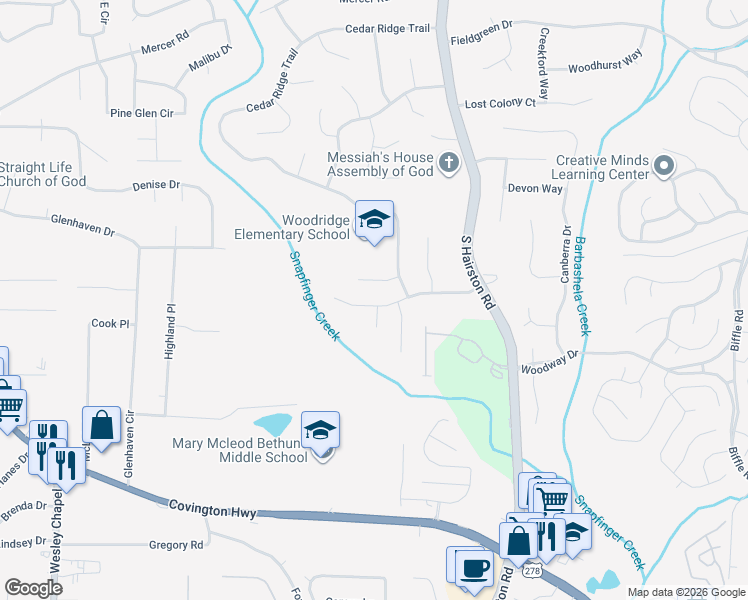 map of restaurants, bars, coffee shops, grocery stores, and more near 4680 Big Valley Road in Stone Mountain