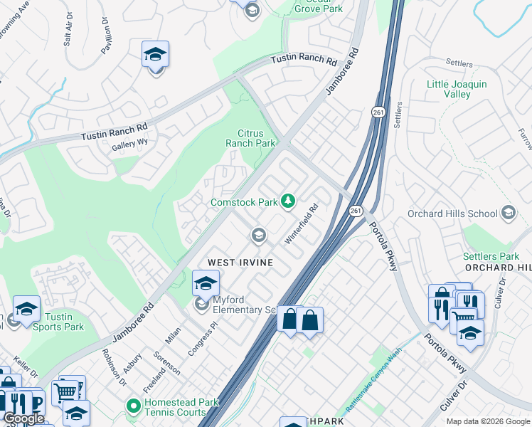 map of restaurants, bars, coffee shops, grocery stores, and more near 10 Ivy Lane in Irvine