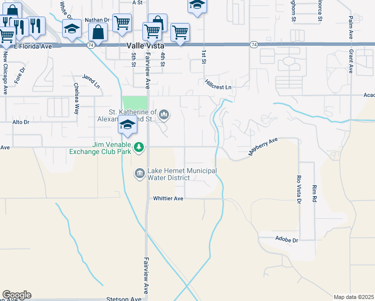 map of restaurants, bars, coffee shops, grocery stores, and more near 26280 Thacker Drive in Hemet