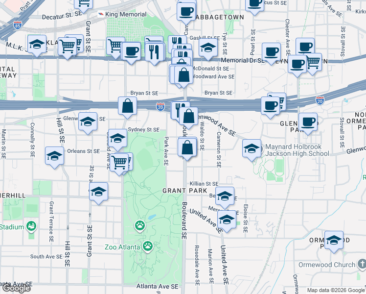 map of restaurants, bars, coffee shops, grocery stores, and more near 565 Sydney Street Southeast in Atlanta