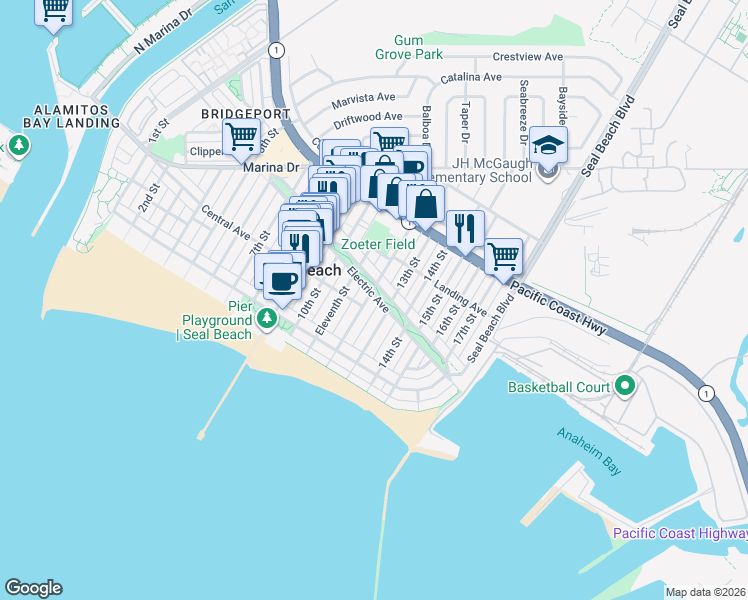 map of restaurants, bars, coffee shops, grocery stores, and more near 162 12th Street in Seal Beach