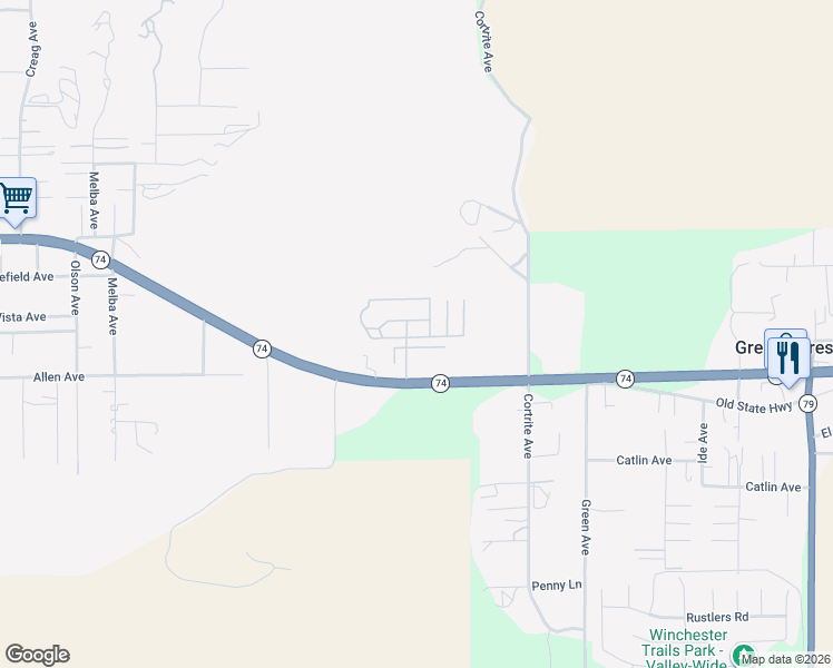 map of restaurants, bars, coffee shops, grocery stores, and more near 32600 California 74 in Hemet
