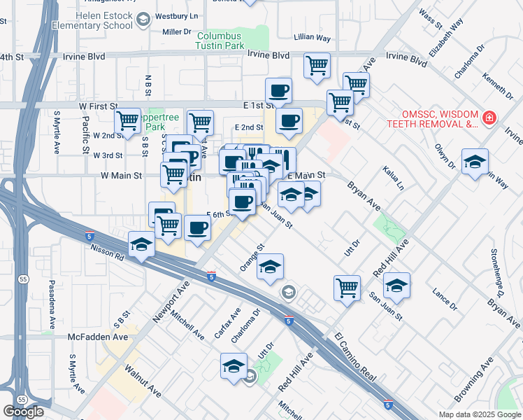 map of restaurants, bars, coffee shops, grocery stores, and more near 1042 San Juan Street in Tustin