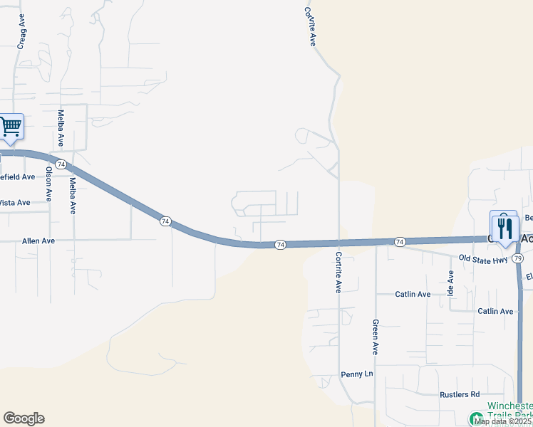 map of restaurants, bars, coffee shops, grocery stores, and more near 32600 California 74 in Hemet