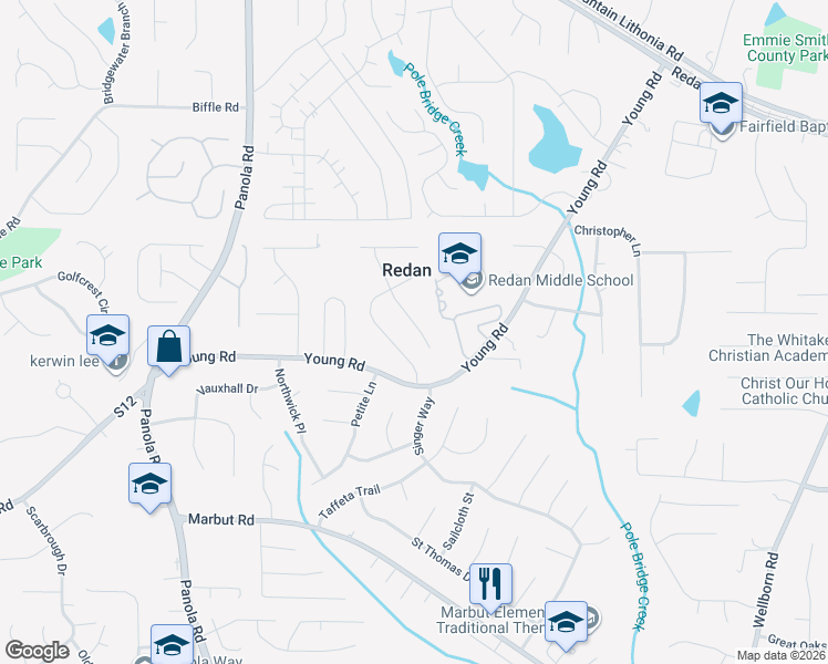map of restaurants, bars, coffee shops, grocery stores, and more near 1716 Charmeth Road in Lithonia