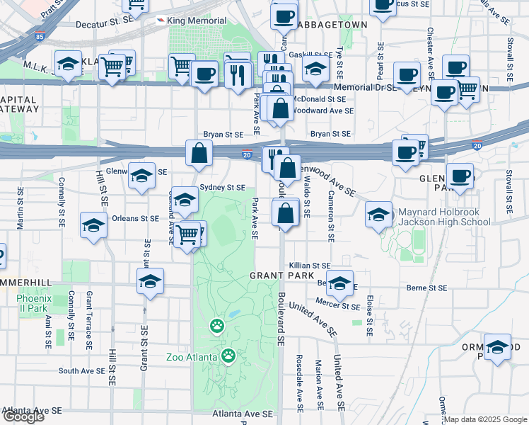 map of restaurants, bars, coffee shops, grocery stores, and more near 520 Park Avenue Southeast in Atlanta