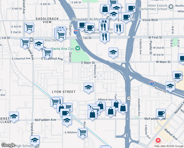 map of restaurants, bars, coffee shops, grocery stores, and more near 61 Saddleback Road in Tustin