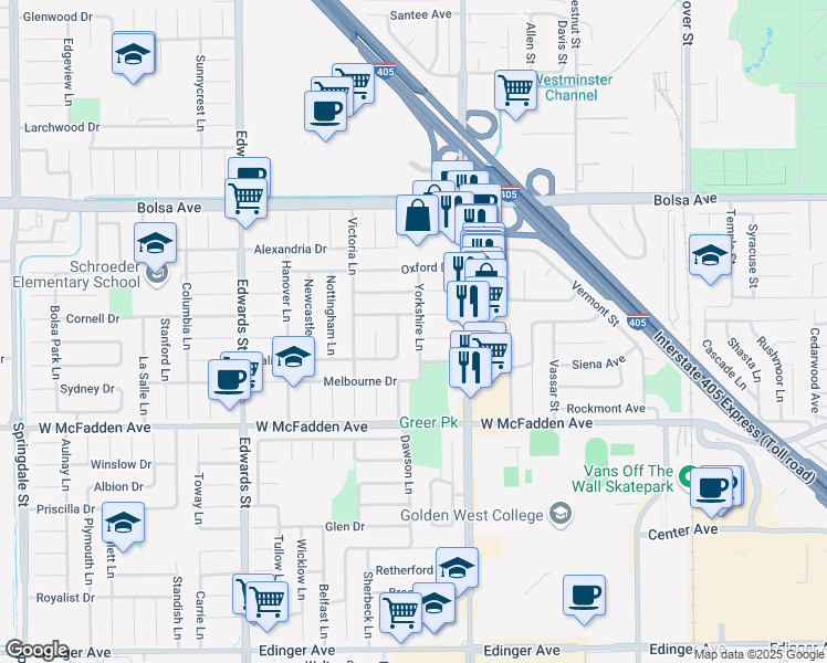 map of restaurants, bars, coffee shops, grocery stores, and more near 15271 Yorkshire Lane in Huntington Beach