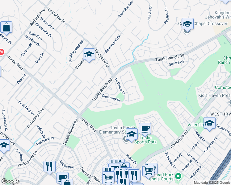 map of restaurants, bars, coffee shops, grocery stores, and more near 2370 Tryall in Tustin