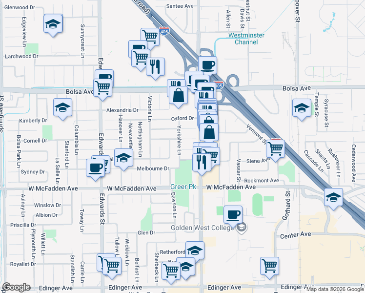 map of restaurants, bars, coffee shops, grocery stores, and more near 15272 Yorkshire Lane in Huntington Beach