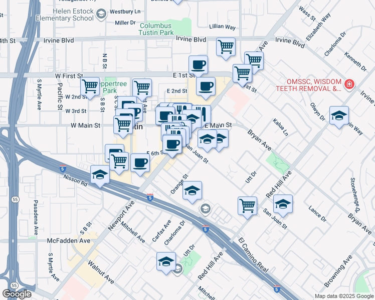 map of restaurants, bars, coffee shops, grocery stores, and more near 1042 San Juan Street in Tustin