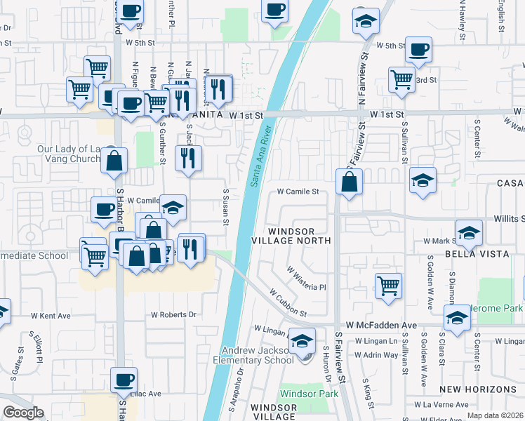 map of restaurants, bars, coffee shops, grocery stores, and more near 506 South Arapaho Drive in Santa Ana
