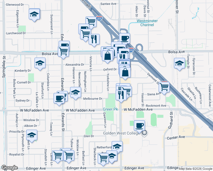 map of restaurants, bars, coffee shops, grocery stores, and more near 6831 Cumberland Drive in Huntington Beach