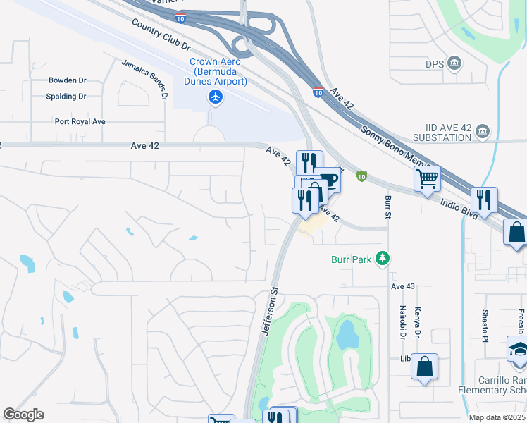map of restaurants, bars, coffee shops, grocery stores, and more near 42492 Palisades Drive in Indio