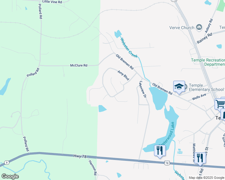 map of restaurants, bars, coffee shops, grocery stores, and more near 330 Madeline Way in Temple