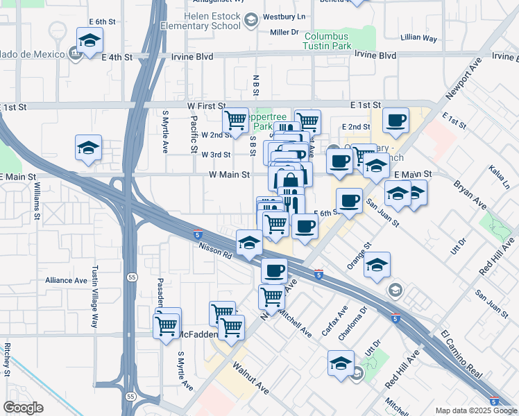 map of restaurants, bars, coffee shops, grocery stores, and more near 545 South B Street in Tustin