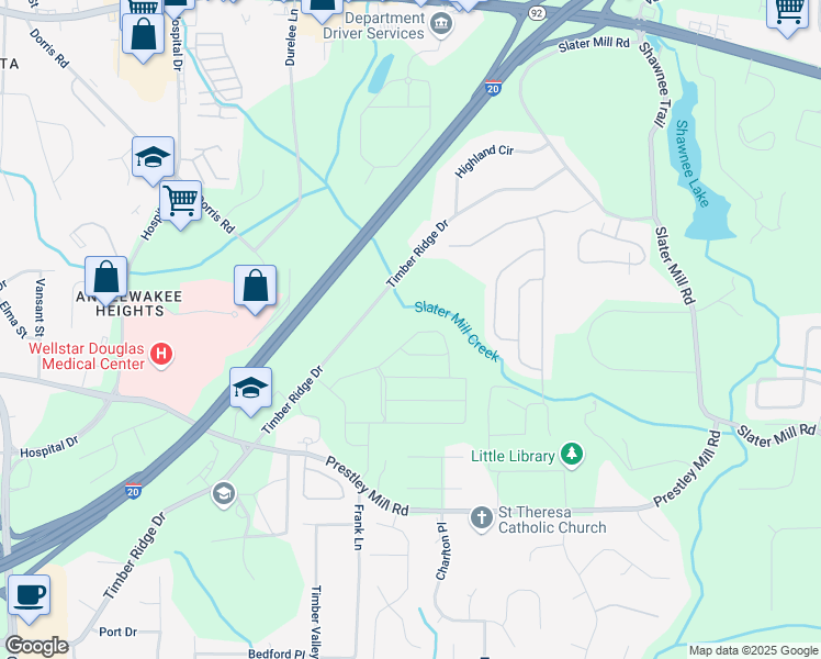 map of restaurants, bars, coffee shops, grocery stores, and more near 2489 Cotton Lane in Douglasville