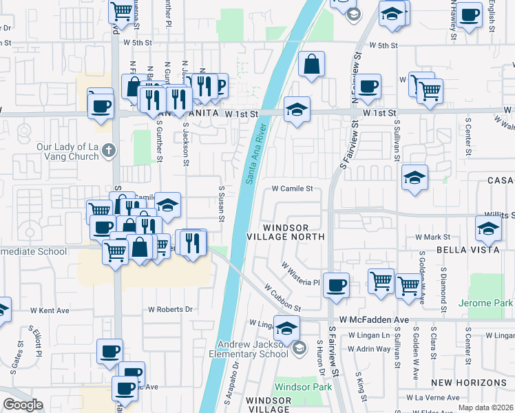 map of restaurants, bars, coffee shops, grocery stores, and more near 506 South Arapaho Drive in Santa Ana