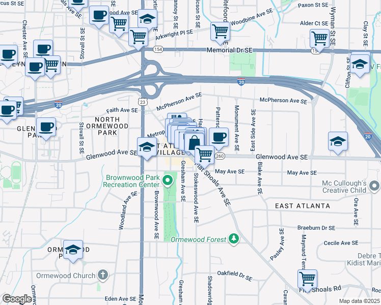map of restaurants, bars, coffee shops, grocery stores, and more near 467 Metropolitan Place Southeast in Atlanta