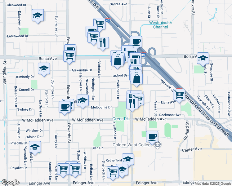 map of restaurants, bars, coffee shops, grocery stores, and more near 15271 Yorkshire Lane in Huntington Beach