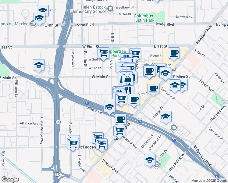 map of restaurants, bars, coffee shops, grocery stores, and more near 545 South B Street in Tustin