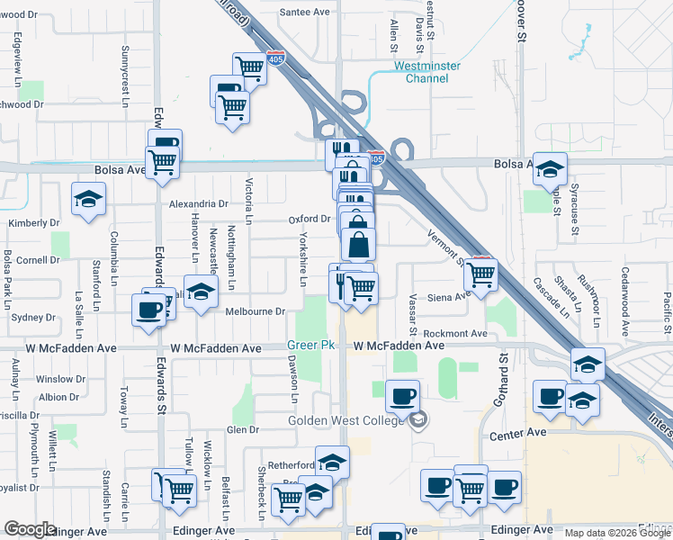 map of restaurants, bars, coffee shops, grocery stores, and more near 6971 Dresden Circle in Huntington Beach