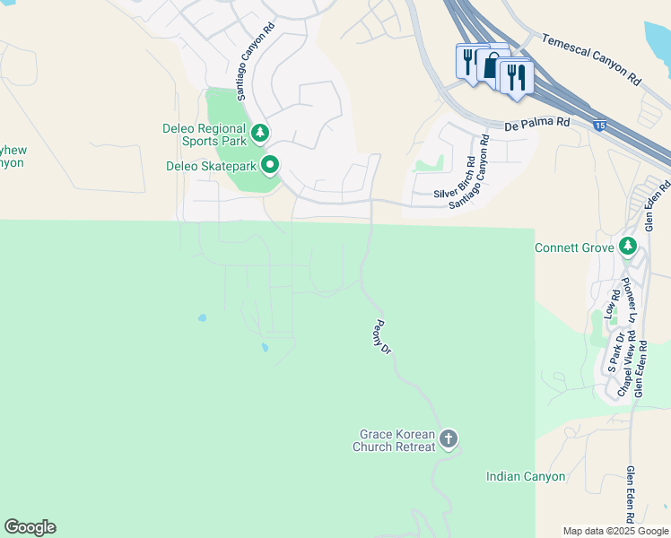 map of restaurants, bars, coffee shops, grocery stores, and more near 26248 Towhee Lane in Corona
