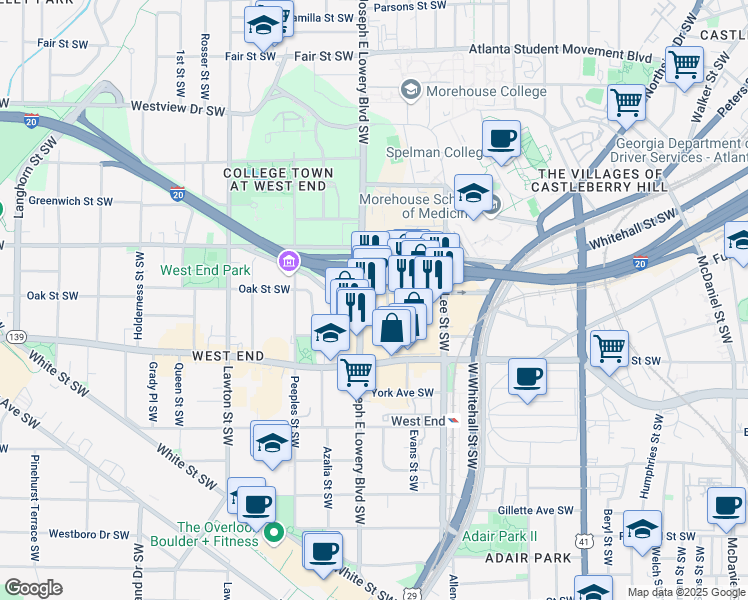 map of restaurants, bars, coffee shops, grocery stores, and more near 530 Joseph E Lowery Boulevard Southwest in Atlanta