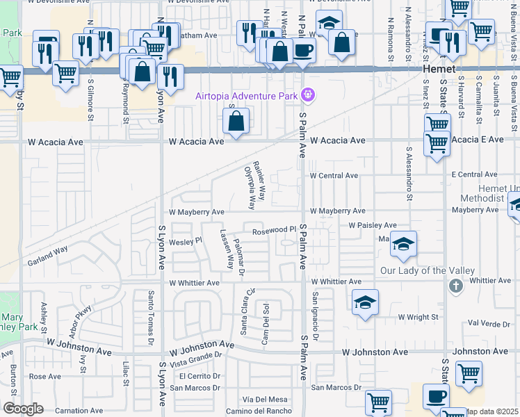 map of restaurants, bars, coffee shops, grocery stores, and more near 1140 West Mayberry Avenue in Hemet