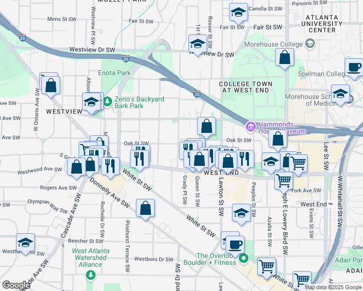 map of restaurants, bars, coffee shops, grocery stores, and more near 538 Holderness Street Southwest in Atlanta