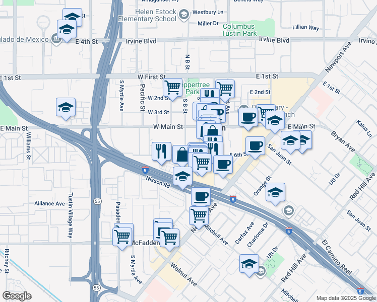 map of restaurants, bars, coffee shops, grocery stores, and more near 545 South B Street in Tustin