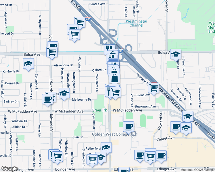 map of restaurants, bars, coffee shops, grocery stores, and more near 6971 Dresden Circle in Huntington Beach
