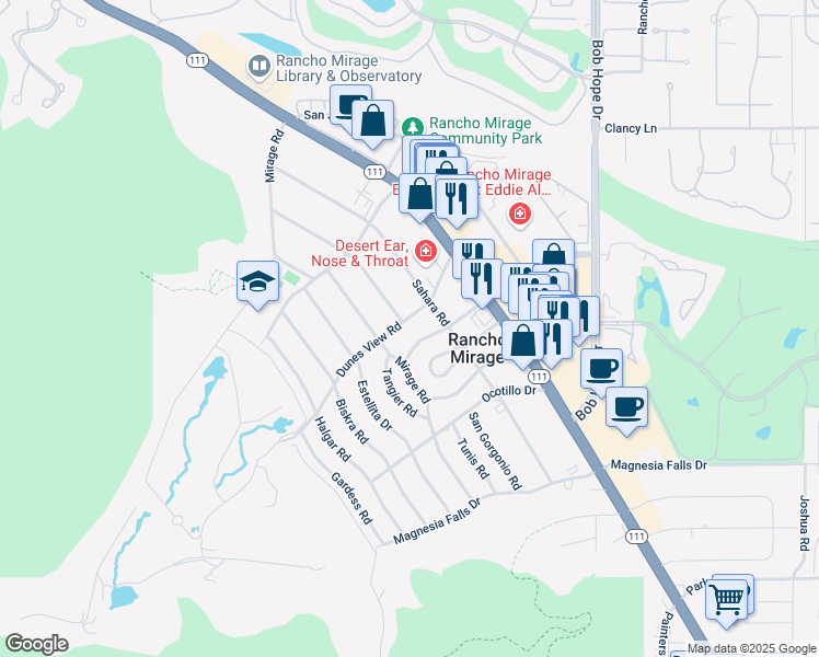 map of restaurants, bars, coffee shops, grocery stores, and more near 42356 Dunes View Road in Rancho Mirage