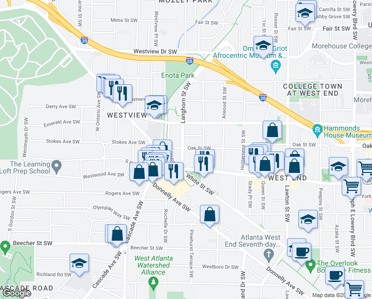 map of restaurants, bars, coffee shops, grocery stores, and more near 540 Langhorn Street Southwest in Atlanta