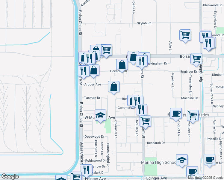 map of restaurants, bars, coffee shops, grocery stores, and more near 5340 Argosy Avenue in Huntington Beach