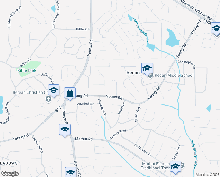 map of restaurants, bars, coffee shops, grocery stores, and more near 1671 Laurel Creek Circle in Lithonia